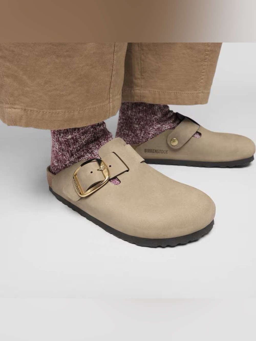 Birkenstock Boston Big Buckle Clogs in Tobacco Brown, Taupe. Size 38 / 7-7.5